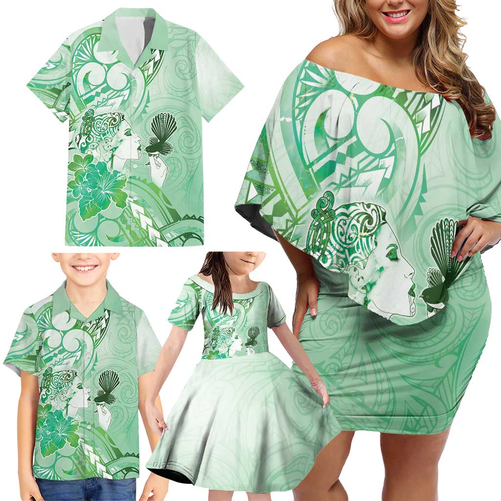 Aotearoa Maori Wahine Family Matching Off Shoulder Short Dress and Hawaiian Shirt Fantail Bird Green Gold Marble LT05 - Polynesian Pride