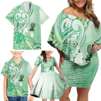 Aotearoa Maori Wahine Family Matching Off Shoulder Short Dress and Hawaiian Shirt Fantail Bird Green Gold Marble LT05 - Polynesian Pride