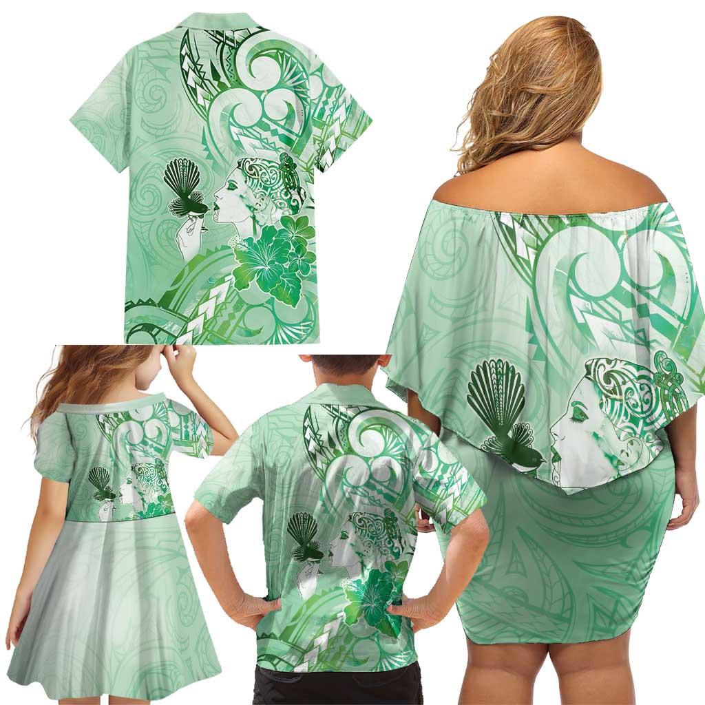 Aotearoa Maori Wahine Family Matching Off Shoulder Short Dress and Hawaiian Shirt Fantail Bird Green Gold Marble LT05 - Polynesian Pride
