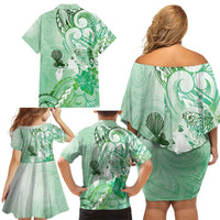 Aotearoa Maori Wahine Family Matching Off Shoulder Short Dress and Hawaiian Shirt Fantail Bird Green Gold Marble LT05 - Polynesian Pride