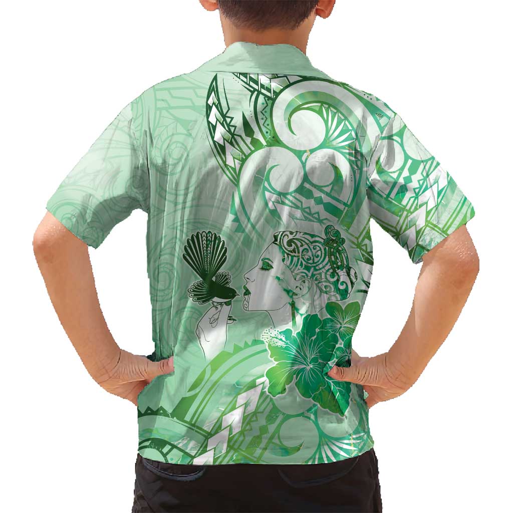 Aotearoa Maori Wahine Family Matching Puletasi and Hawaiian Shirt Fantail Bird Green Gold Marble LT05 - Polynesian Pride