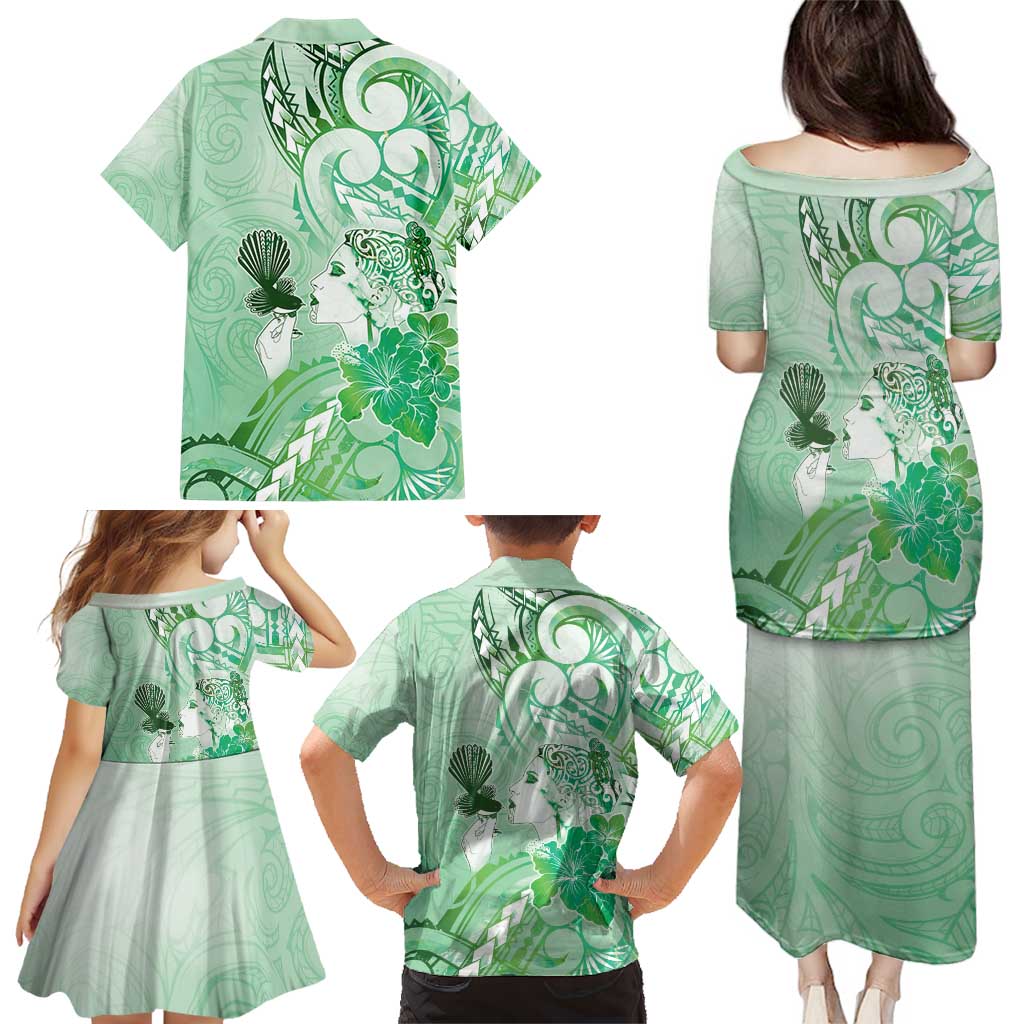 Aotearoa Maori Wahine Family Matching Puletasi and Hawaiian Shirt Fantail Bird Green Gold Marble LT05 - Polynesian Pride