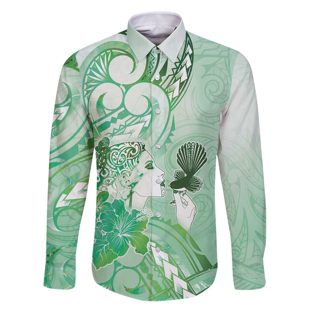 Aotearoa Maori Wahine Family Matching Puletasi and Hawaiian Shirt Fantail Bird Green Gold Marble LT05 Dad's Shirt - Long Sleeve Green - Polynesian Pride