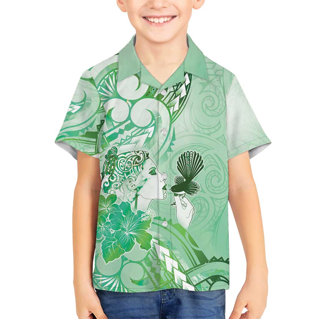 Aotearoa Maori Wahine Family Matching Tank Maxi Dress and Hawaiian Shirt Fantail Bird Green Gold Marble LT05 Son's Shirt Green - Polynesian Pride