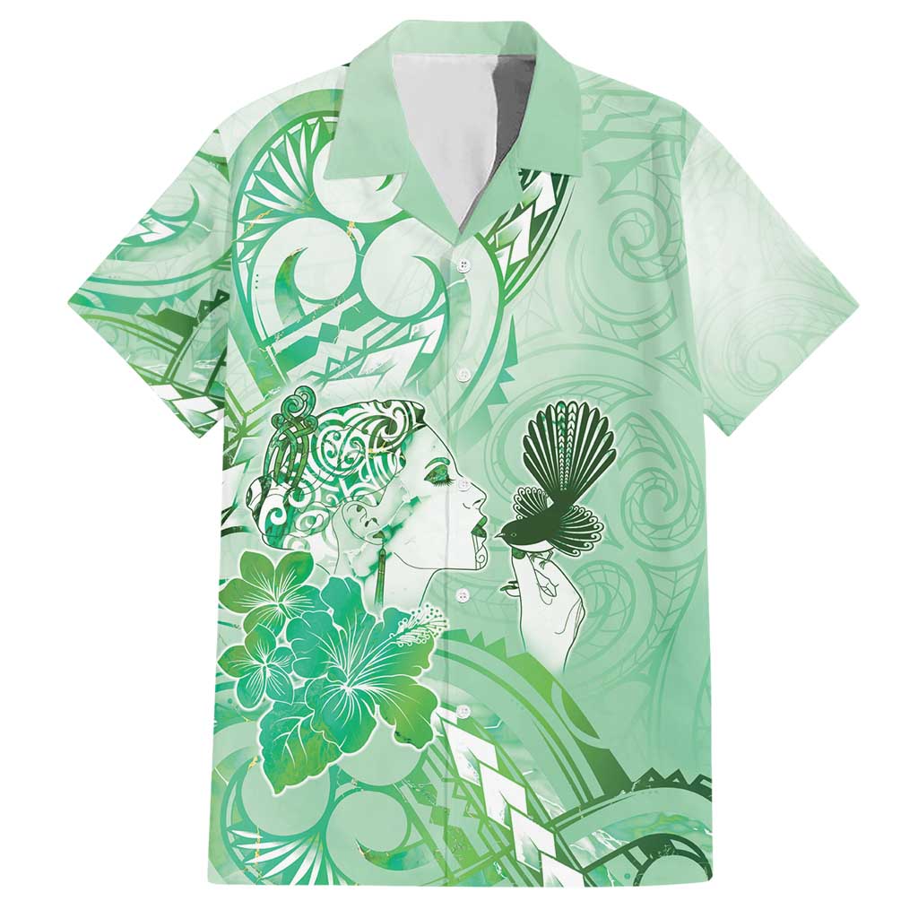 Aotearoa Maori Wahine Hawaiian Shirt Fantail Bird Green Gold Marble