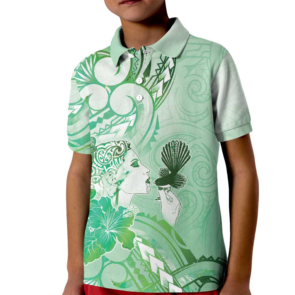 Aotearoa Maori Wahine Kid Polo Shirt Fantail Bird Green Gold Marble