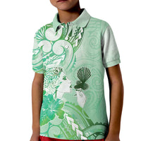 Aotearoa Maori Wahine Kid Polo Shirt Fantail Bird Green Gold Marble
