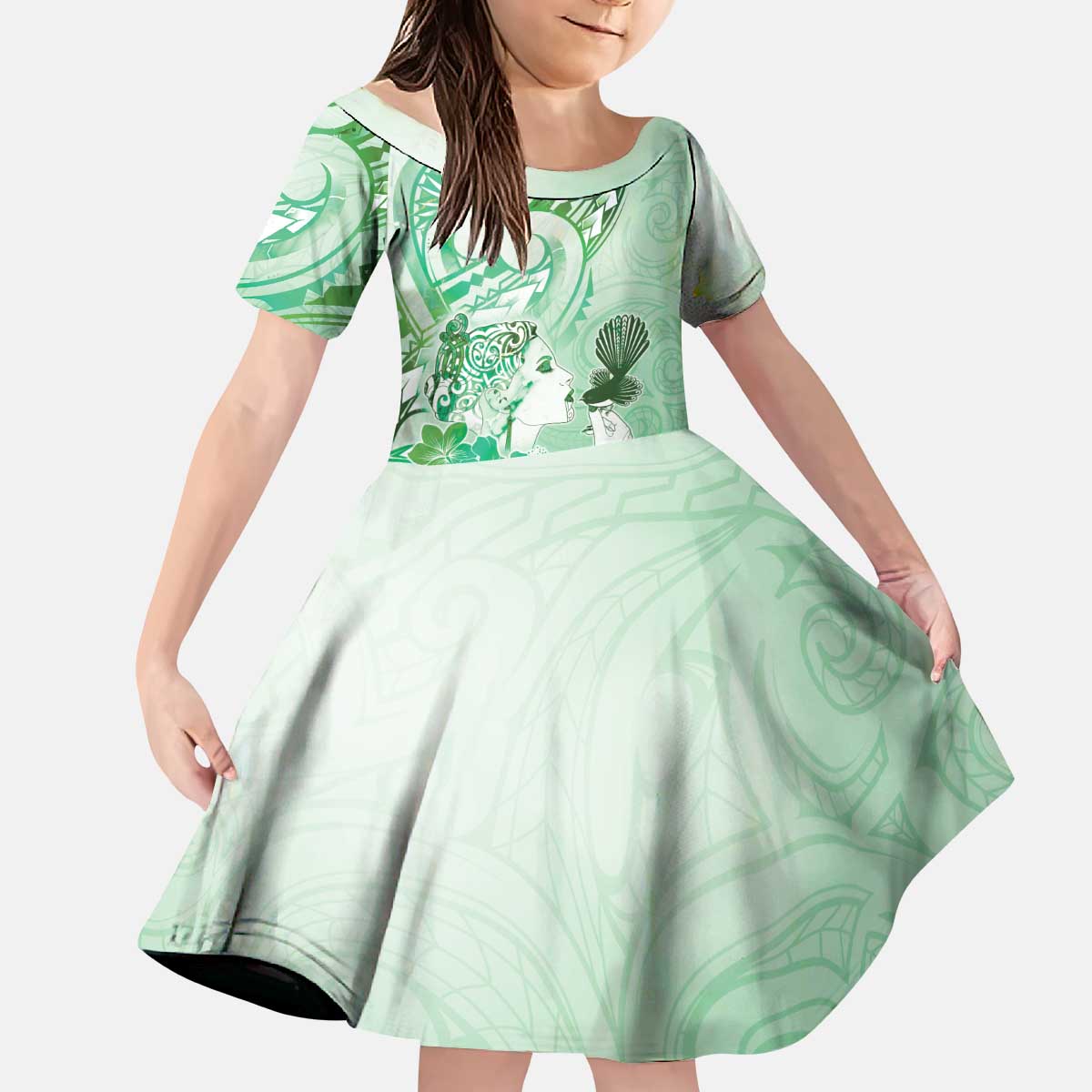 Aotearoa Maori Wahine Kid Short Sleeve Dress Fantail Bird Green Gold Marble
