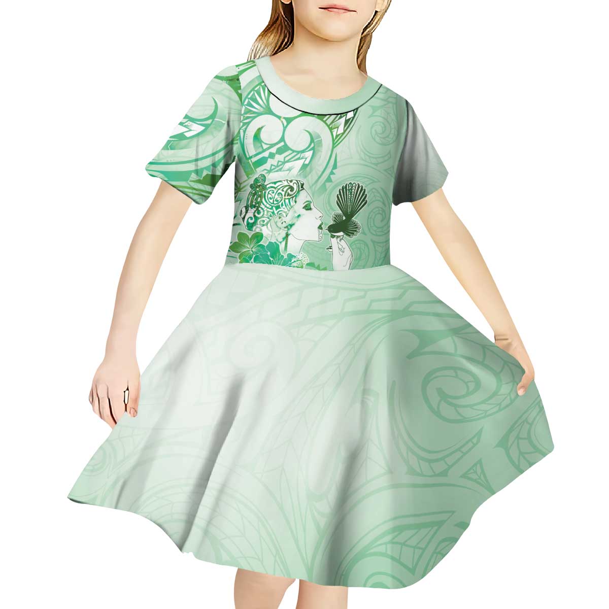 Aotearoa Maori Wahine Kid Short Sleeve Dress Fantail Bird Green Gold Marble
