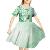 Aotearoa Maori Wahine Kid Short Sleeve Dress Fantail Bird Green Gold Marble