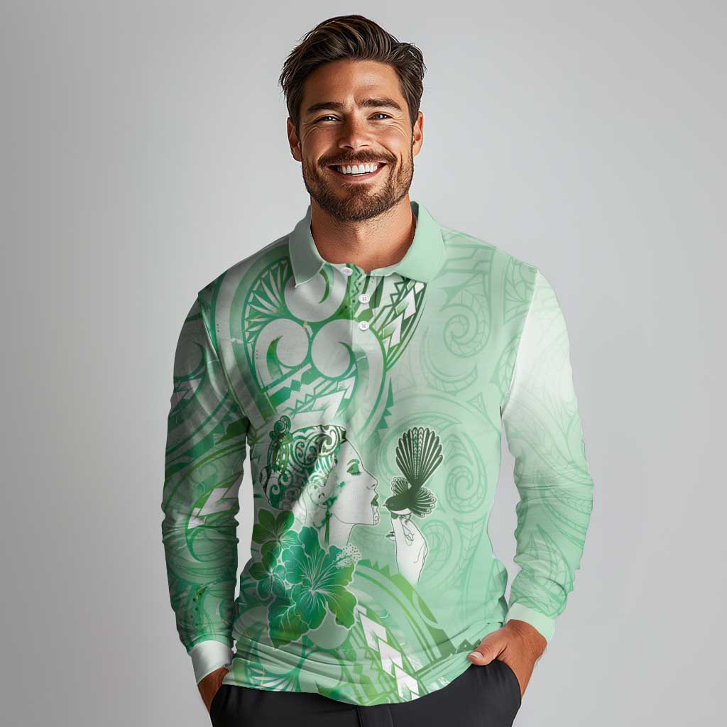 Aotearoa Maori Wahine Long Sleeve Polo Shirt Fantail Bird Green Gold Marble