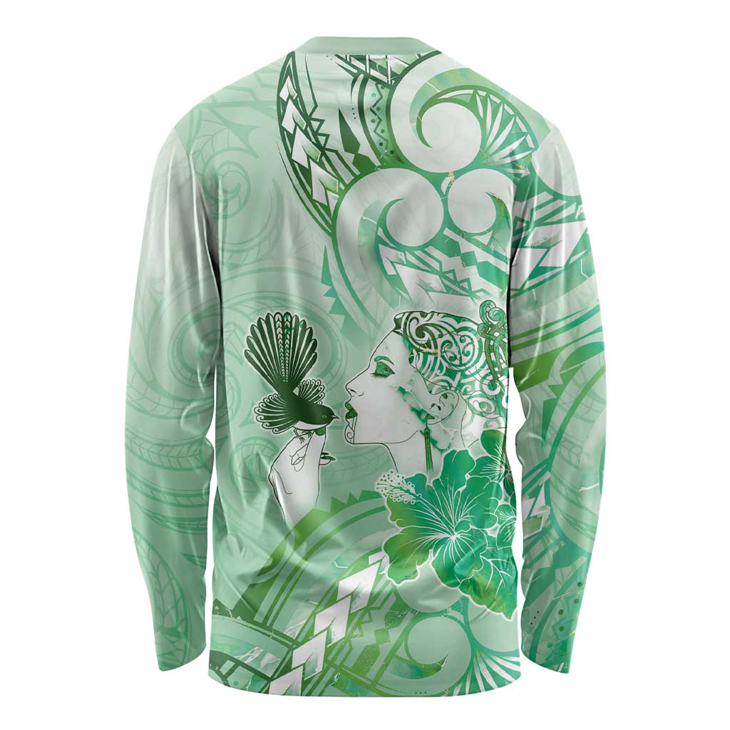 Aotearoa Maori Wahine Long Sleeve Shirt Fantail Bird Green Gold Marble LT05 - Polynesian Pride
