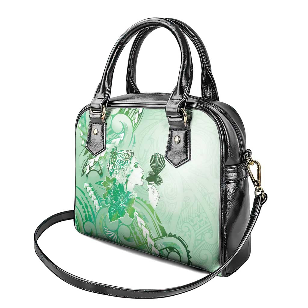 Aotearoa Maori Wahine Shoulder Handbag Fantail Bird Green Gold Marble
