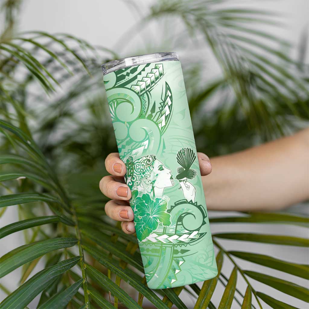 Aotearoa Maori Wahine Skinny Tumbler Fantail Bird Green Gold Marble LT05 - Polynesian Pride