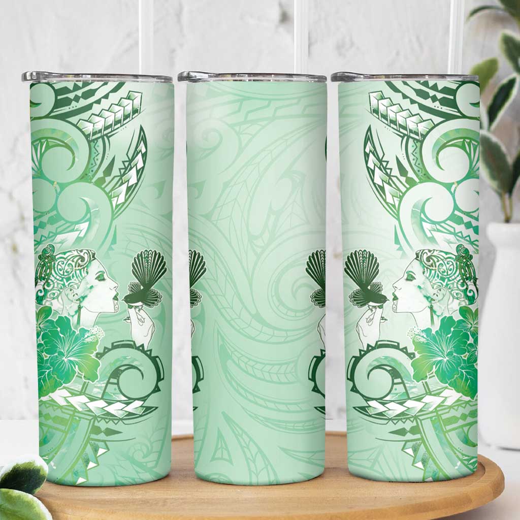 Aotearoa Maori Wahine Skinny Tumbler Fantail Bird Green Gold Marble LT05 - Polynesian Pride