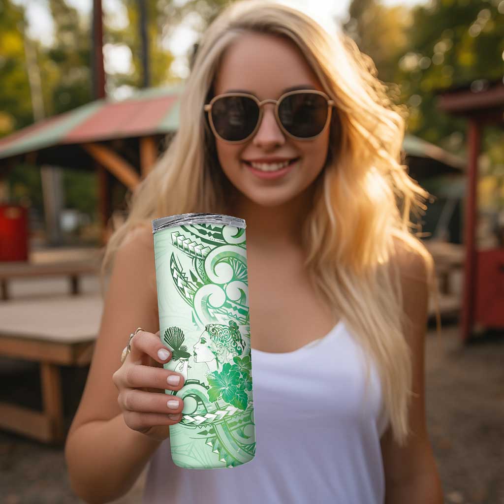 Aotearoa Maori Wahine Skinny Tumbler Fantail Bird Green Gold Marble LT05 - Polynesian Pride