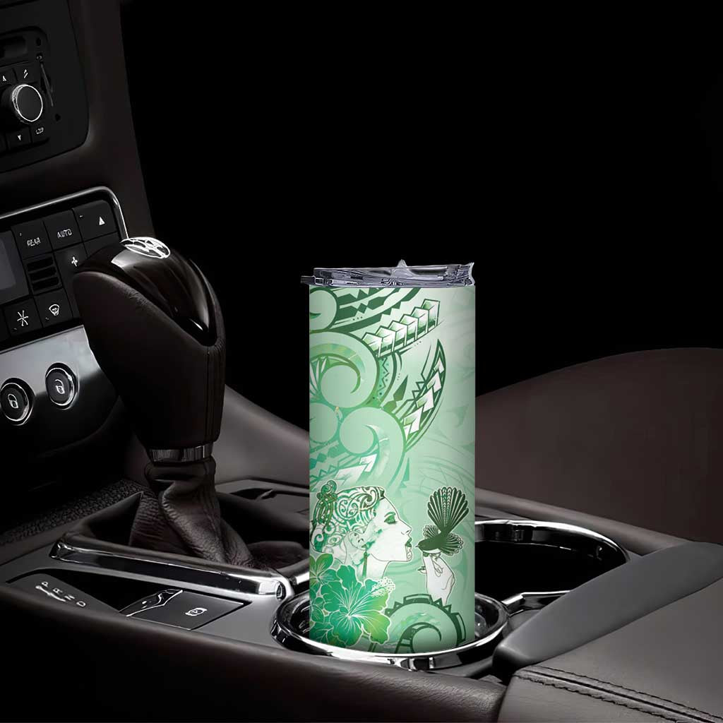 Aotearoa Maori Wahine Skinny Tumbler Fantail Bird Green Gold Marble LT05 - Polynesian Pride