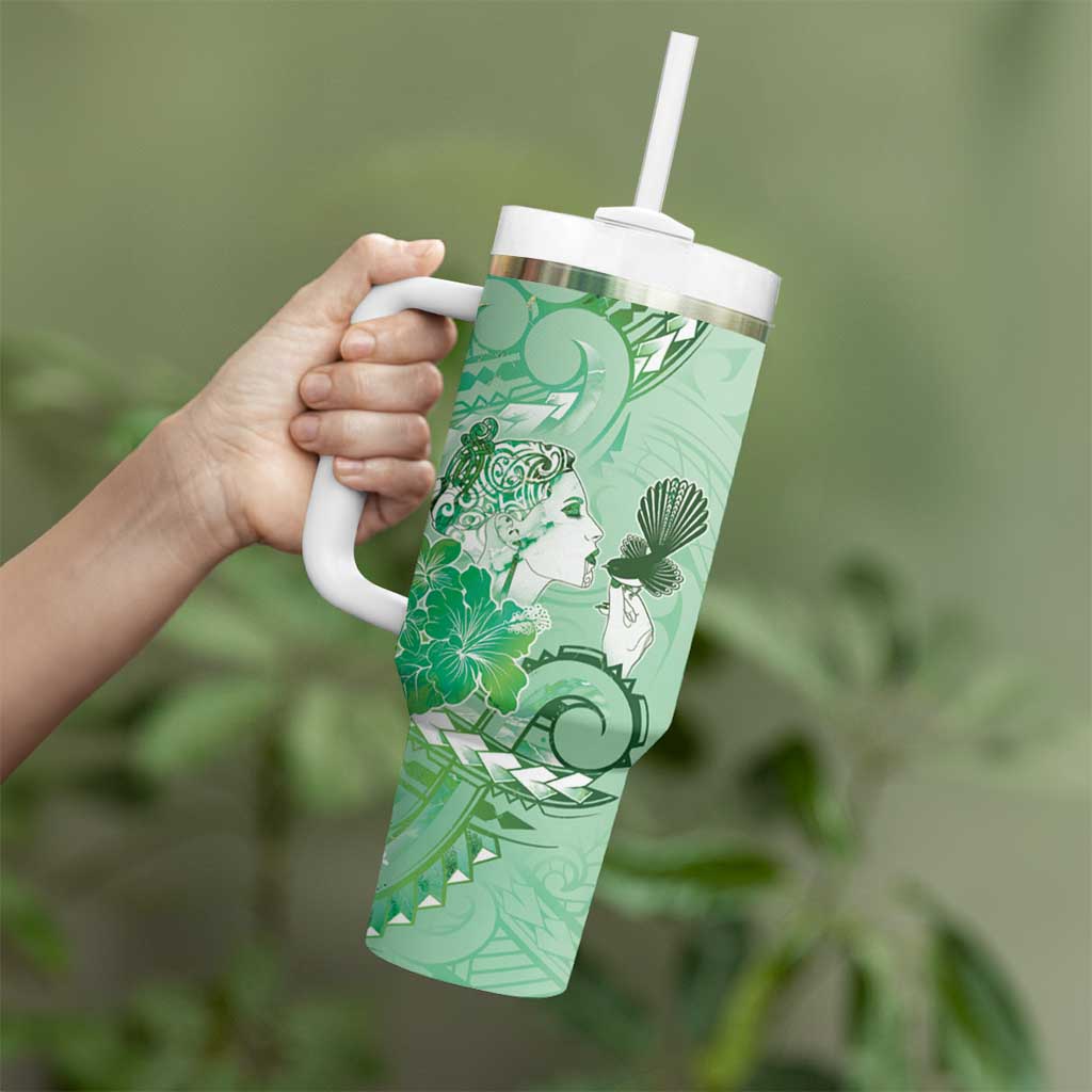 Aotearoa Maori Wahine Tumbler With Handle Fantail Bird Green Gold Marble