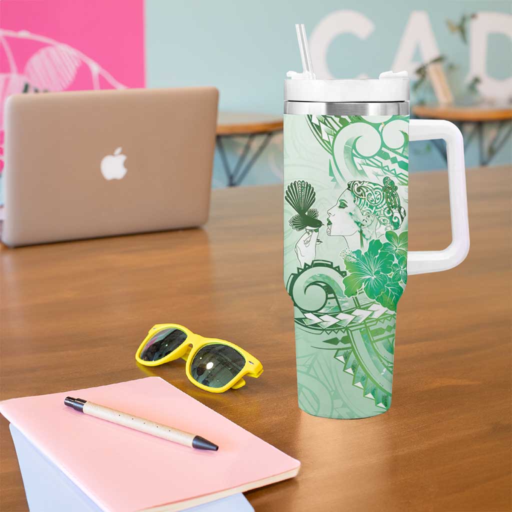 Aotearoa Maori Wahine Tumbler With Handle Fantail Bird Green Gold Marble