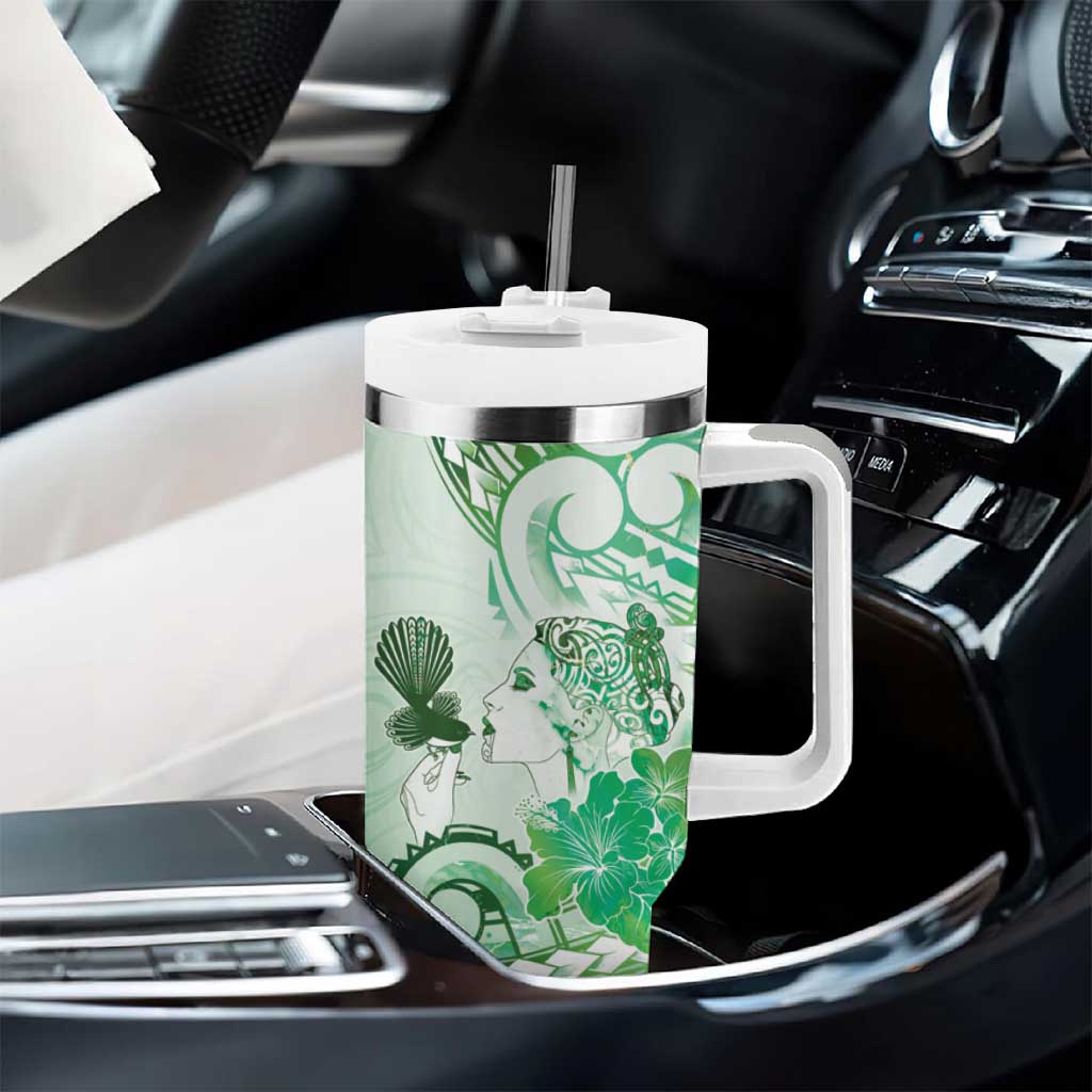 Aotearoa Maori Wahine Tumbler With Handle Fantail Bird Green Gold Marble