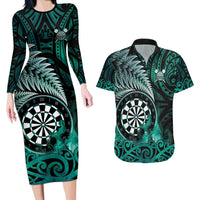 Personalised New Zealand Darts Couples Matching Long Sleeve Bodycon Dress and Hawaiian Shirt Maori Koru Dartboard Turquoise Flame LT05 Turquoise - Polynesian Pride