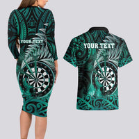 Personalised New Zealand Darts Couples Matching Long Sleeve Bodycon Dress and Hawaiian Shirt Maori Koru Dartboard Turquoise Flame LT05 - Polynesian Pride