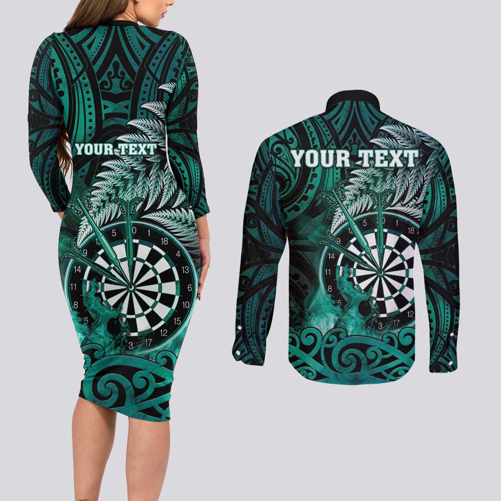 Personalised New Zealand Darts Couples Matching Long Sleeve Bodycon Dress and Long Sleeve Button Shirt Maori Koru Dartboard Turquoise Flame LT05 - Polynesian Pride