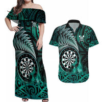 Personalised New Zealand Darts Couples Matching Off Shoulder Maxi Dress and Hawaiian Shirt Maori Koru Dartboard Turquoise Flame LT05 Turquoise - Polynesian Pride