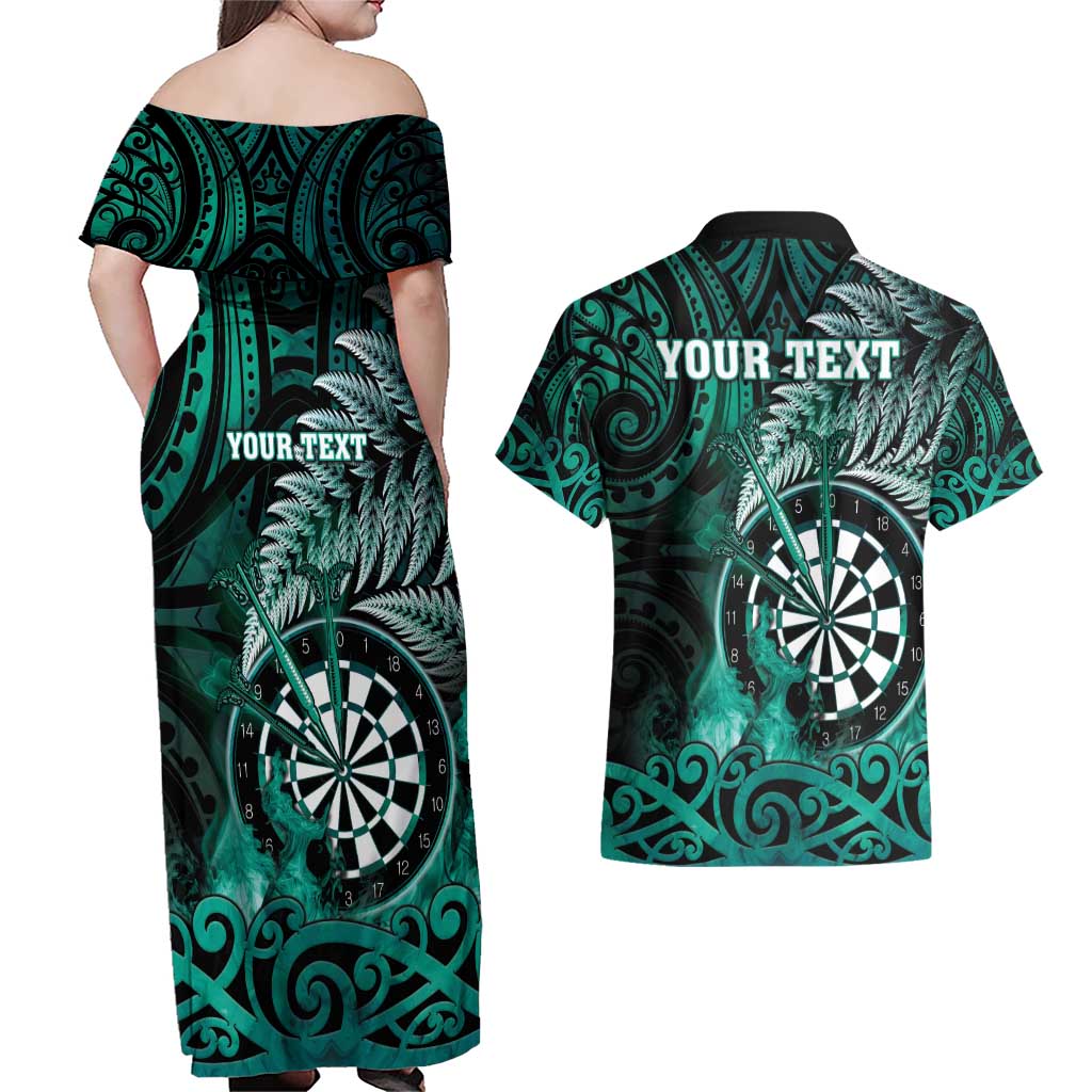 Personalised New Zealand Darts Couples Matching Off Shoulder Maxi Dress and Hawaiian Shirt Maori Koru Dartboard Turquoise Flame LT05 - Polynesian Pride