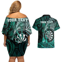 Personalised New Zealand Darts Couples Matching Off Shoulder Short Dress and Hawaiian Shirt Maori Koru Dartboard Turquoise Flame LT05 - Polynesian Pride