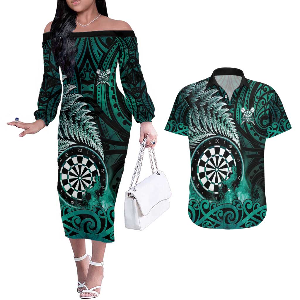 Personalised New Zealand Darts Couples Matching Off The Shoulder Long Sleeve Dress and Hawaiian Shirt Maori Koru Dartboard Turquoise Flame LT05 Turquoise - Polynesian Pride