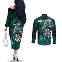 Personalised New Zealand Darts Couples Matching Off The Shoulder Long Sleeve Dress and Long Sleeve Button Shirt Maori Koru Dartboard Turquoise Flame LT05 - Polynesian Pride