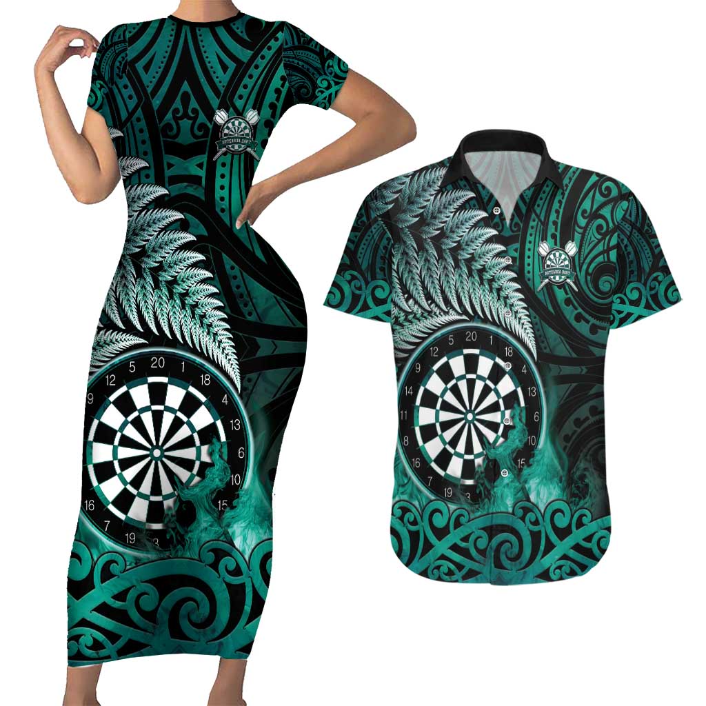 Personalised New Zealand Darts Couples Matching Short Sleeve Bodycon Dress and Hawaiian Shirt Maori Koru Dartboard Turquoise Flame LT05 Turquoise - Polynesian Pride