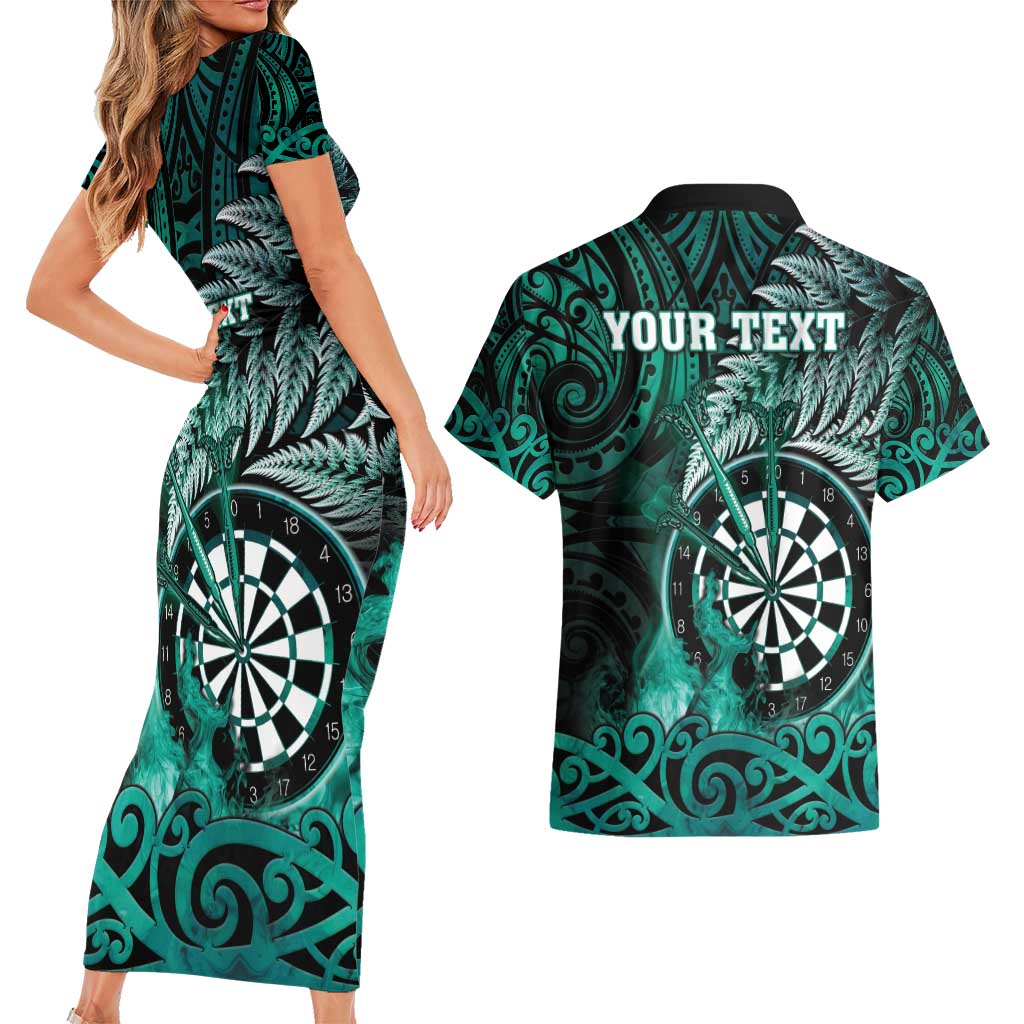 Personalised New Zealand Darts Couples Matching Short Sleeve Bodycon Dress and Hawaiian Shirt Maori Koru Dartboard Turquoise Flame LT05 - Polynesian Pride
