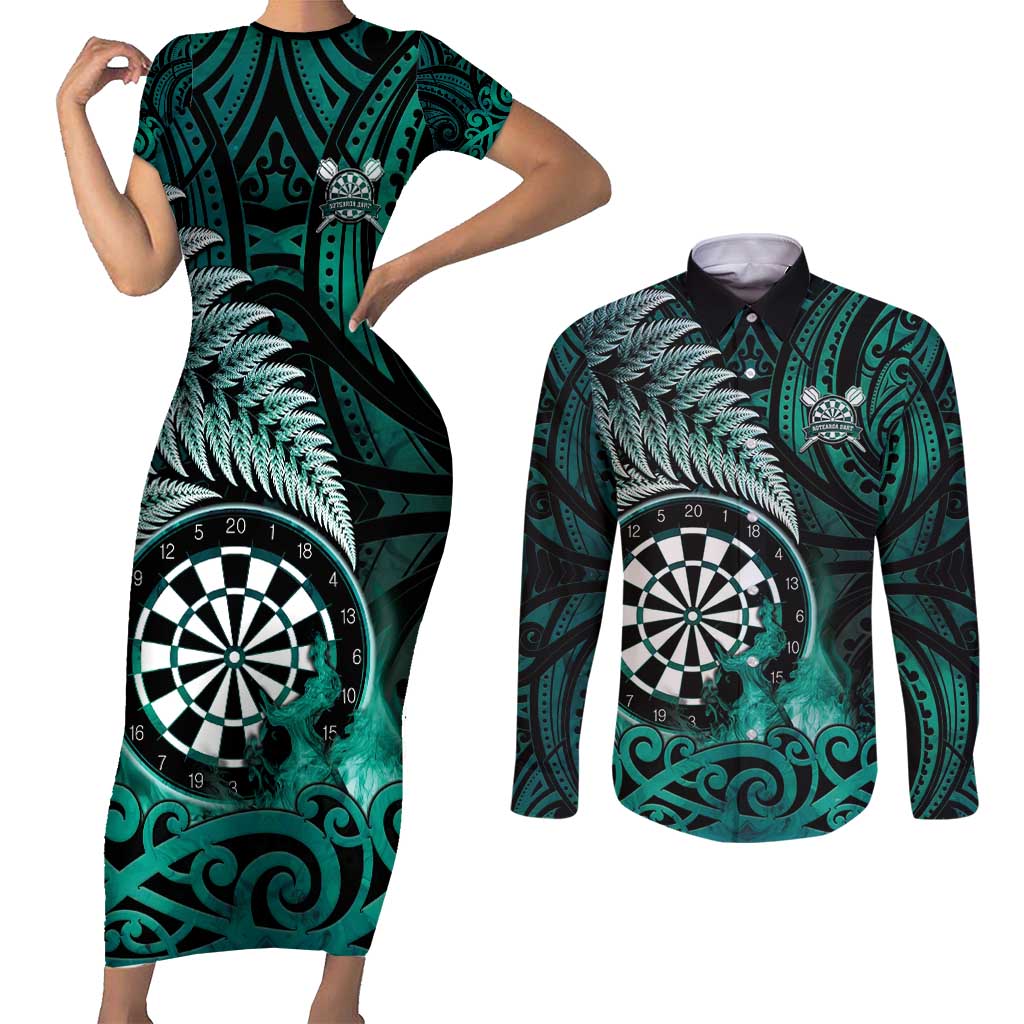 Personalised New Zealand Darts Couples Matching Short Sleeve Bodycon Dress and Long Sleeve Button Shirt Maori Koru Dartboard Turquoise Flame LT05 Turquoise - Polynesian Pride