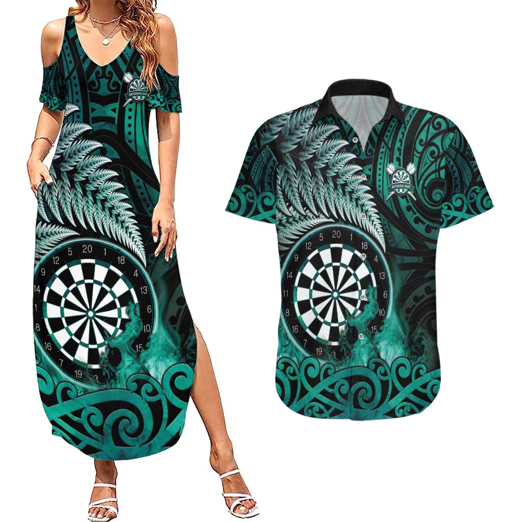Personalised New Zealand Darts Couples Matching Summer Maxi Dress and Hawaiian Shirt Maori Koru Dartboard Turquoise Flame LT05 Turquoise - Polynesian Pride