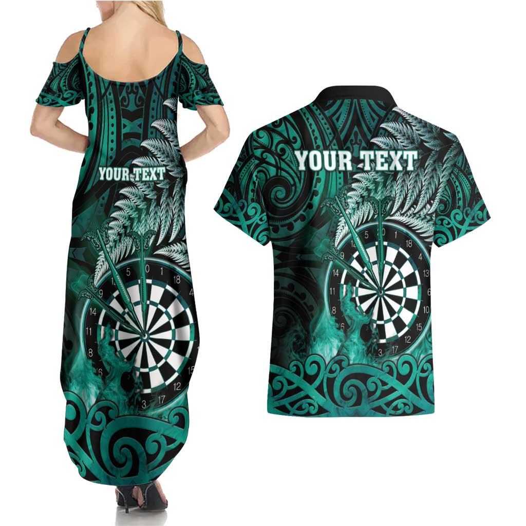 Personalised New Zealand Darts Couples Matching Summer Maxi Dress and Hawaiian Shirt Maori Koru Dartboard Turquoise Flame LT05 - Polynesian Pride