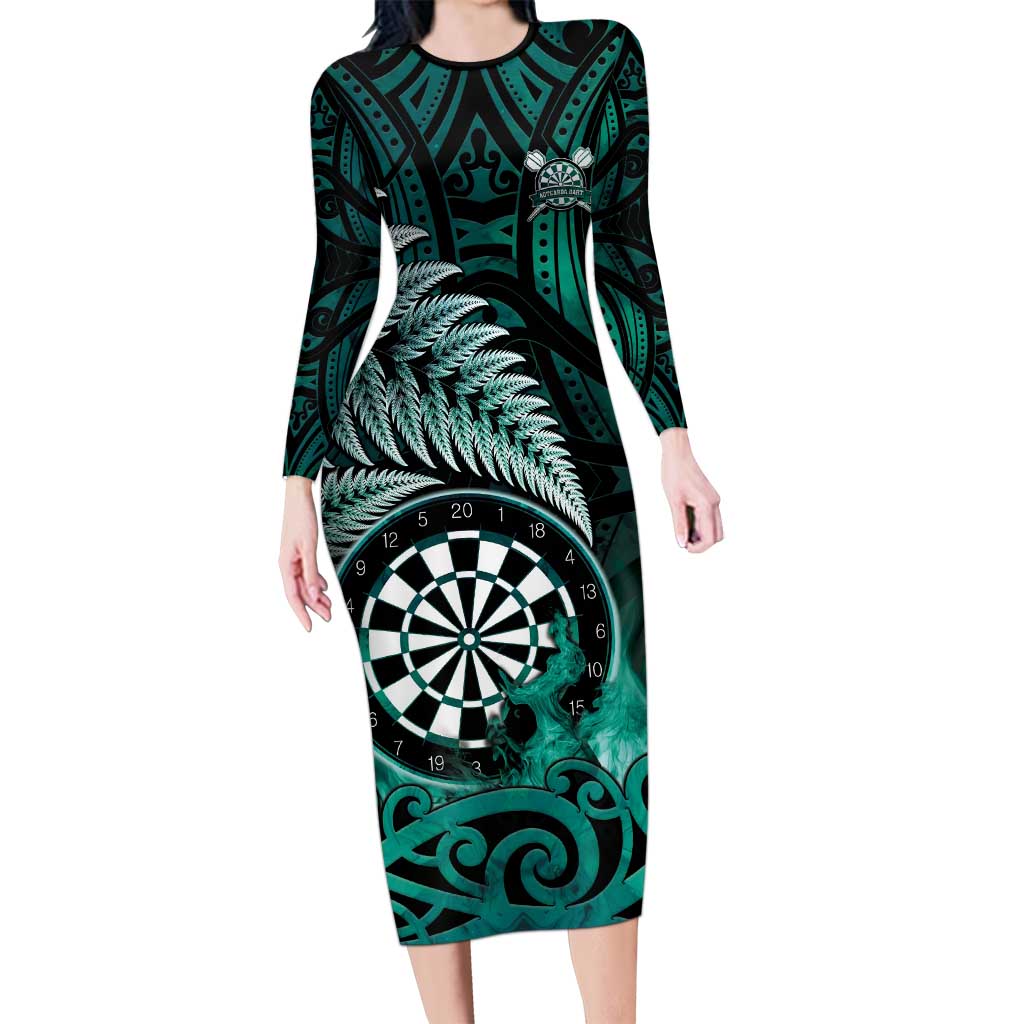 Personalised New Zealand Darts Family Matching Long Sleeve Bodycon Dress and Hawaiian Shirt Maori Koru Dartboard Turquoise Flame LT05 Mom's Dress Turquoise - Polynesian Pride