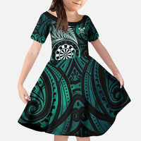 Personalised New Zealand Darts Family Matching Mermaid Dress and Hawaiian Shirt Maori Koru Dartboard Turquoise Flame LT05 Daughter's Dress Turquoise - Polynesian Pride