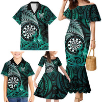 Personalised New Zealand Darts Family Matching Mermaid Dress and Hawaiian Shirt Maori Koru Dartboard Turquoise Flame LT05 - Polynesian Pride