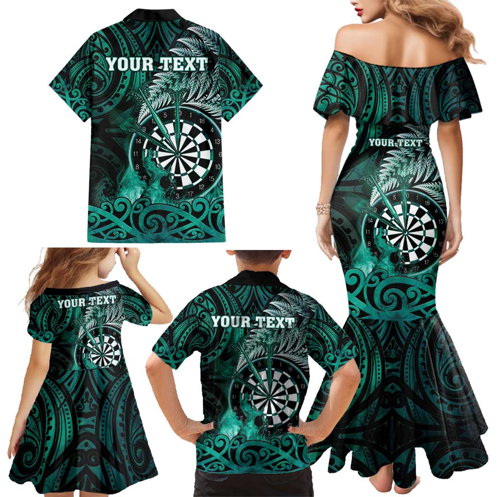 Personalised New Zealand Darts Family Matching Mermaid Dress and Hawaiian Shirt Maori Koru Dartboard Turquoise Flame LT05 - Polynesian Pride