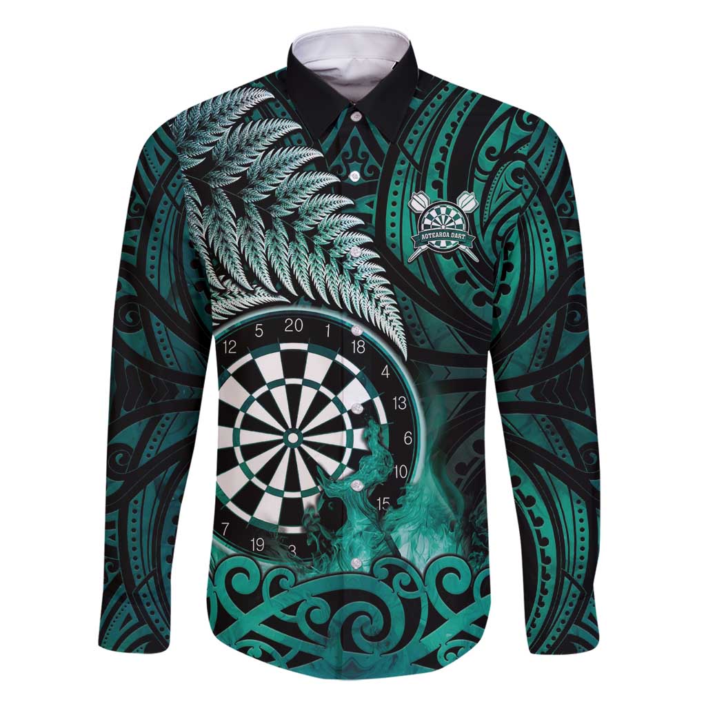 Personalised New Zealand Darts Family Matching Mermaid Dress and Hawaiian Shirt Maori Koru Dartboard Turquoise Flame LT05 Dad's Shirt - Long Sleeve Turquoise - Polynesian Pride