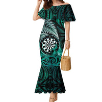 Personalised New Zealand Darts Family Matching Mermaid Dress and Hawaiian Shirt Maori Koru Dartboard Turquoise Flame LT05 Mom's Dress Turquoise - Polynesian Pride