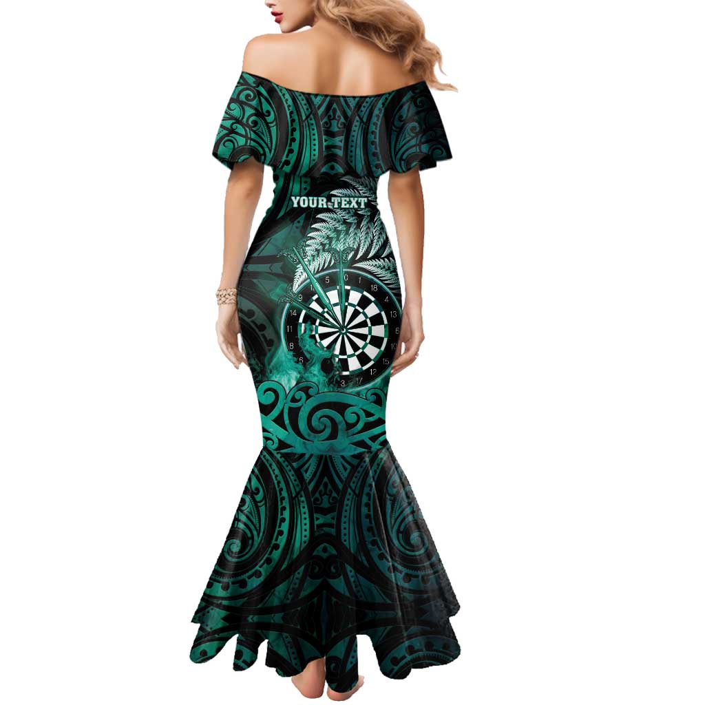 Personalised New Zealand Darts Family Matching Mermaid Dress and Hawaiian Shirt Maori Koru Dartboard Turquoise Flame LT05 - Polynesian Pride
