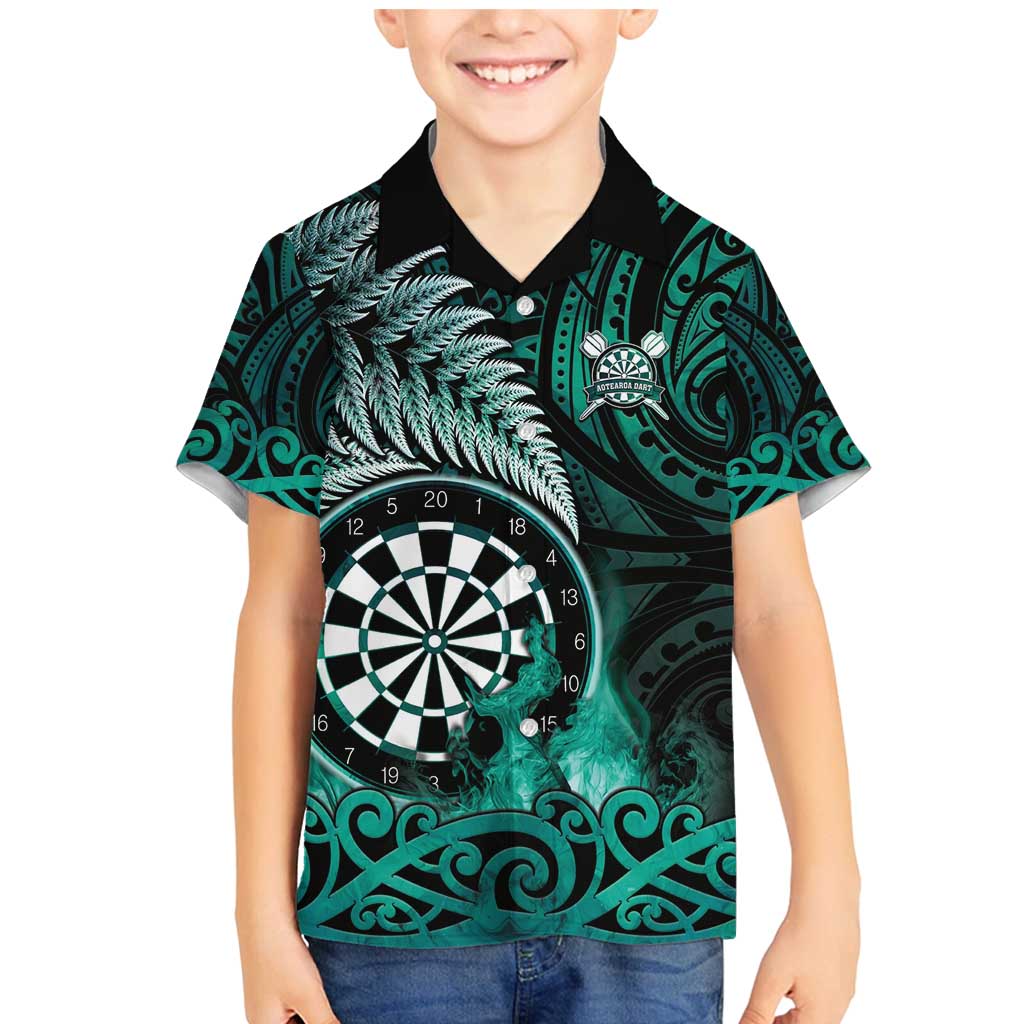 Personalised New Zealand Darts Family Matching Mermaid Dress and Hawaiian Shirt Maori Koru Dartboard Turquoise Flame LT05 Son's Shirt Turquoise - Polynesian Pride