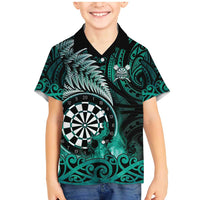 Personalised New Zealand Darts Family Matching Mermaid Dress and Hawaiian Shirt Maori Koru Dartboard Turquoise Flame LT05 Son's Shirt Turquoise - Polynesian Pride