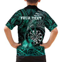 Personalised New Zealand Darts Family Matching Off The Shoulder Long Sleeve Dress and Hawaiian Shirt Maori Koru Dartboard Turquoise Flame LT05 - Polynesian Pride