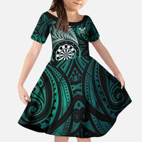 Personalised New Zealand Darts Family Matching Off The Shoulder Long Sleeve Dress and Hawaiian Shirt Maori Koru Dartboard Turquoise Flame LT05 Daughter's Dress Turquoise - Polynesian Pride