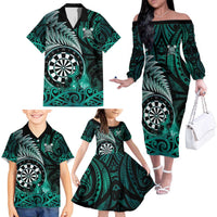 Personalised New Zealand Darts Family Matching Off The Shoulder Long Sleeve Dress and Hawaiian Shirt Maori Koru Dartboard Turquoise Flame LT05 - Polynesian Pride