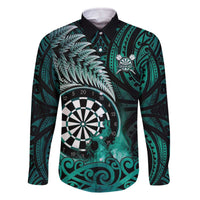 Personalised New Zealand Darts Family Matching Off The Shoulder Long Sleeve Dress and Hawaiian Shirt Maori Koru Dartboard Turquoise Flame LT05 Dad's Shirt - Long Sleeve Turquoise - Polynesian Pride